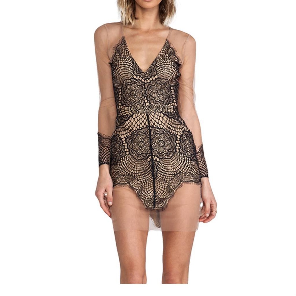 For Love And Lemons Black Lace Overlay Mini Dress with Nude Illusion